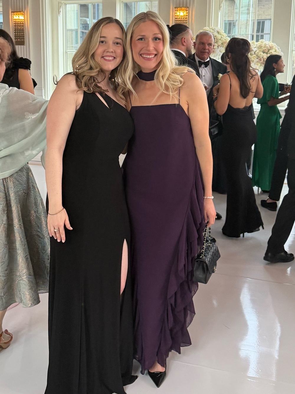 Deep purple ruffle wedding guest dress